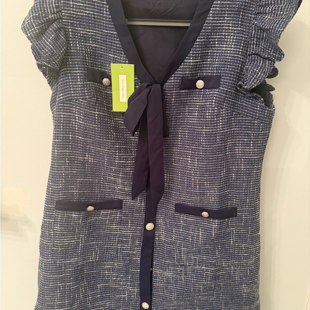 Navy and White Tweed Dress with Button Accents